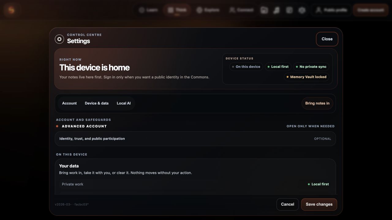 Syxon settings panel stating that the device is home, notes are local first, and private sync is off